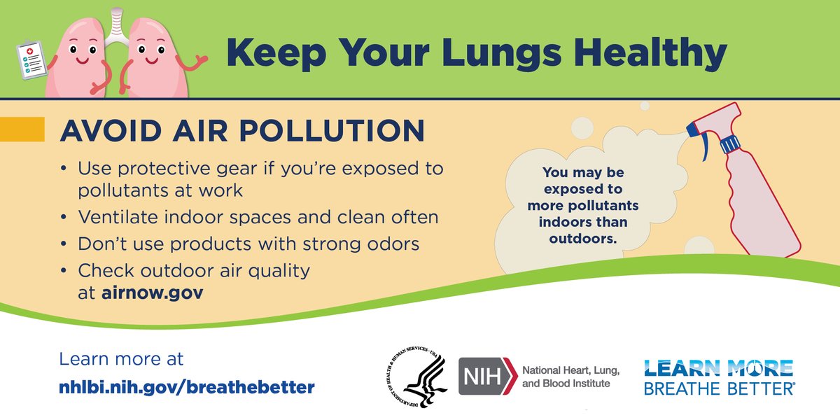 How can you keep your lungs healthy?

Avoid air pollution💨

Use protective gear, ventilate indoor spaces, clean often, avoid products with strong odors, & check outdoor air quality before spending time outside.

Find more tips to keep your lungs healthy: bit.ly/3C0rpKO