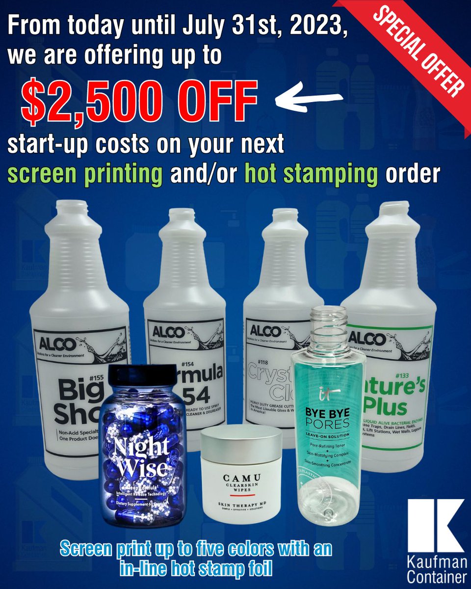 SPECIAL OFFER❗From today until July 31st, 2023, we are offering up to $2,500 off start-up costs on your next screen printing and/or hot stamping order. *Qualifying terms included*

#packaging #packagingdesign #screenprinting #hotstamping #decoration #kaufmancontainer