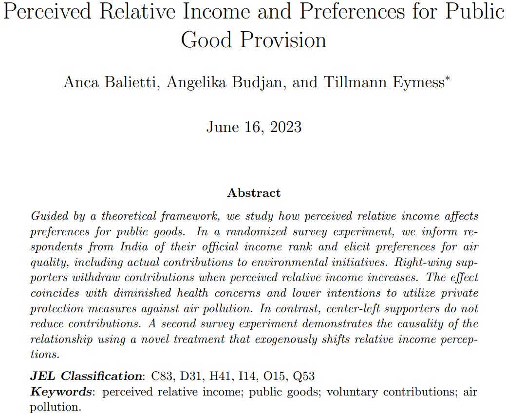 📢
Do preferences for public goods depend on your perceived income rank? Yes!
And if so, does your political orientation play a role? Yes!

With <a href="/AngelikaBudjan/">Angelika Budjan</a> and <a href="/teymess/">Tillmann Eymess</a>. WP here: 
backend.awi.uni-heidelberg.de/de/dokumente/7…

For main results and mechanisms: 🧵below