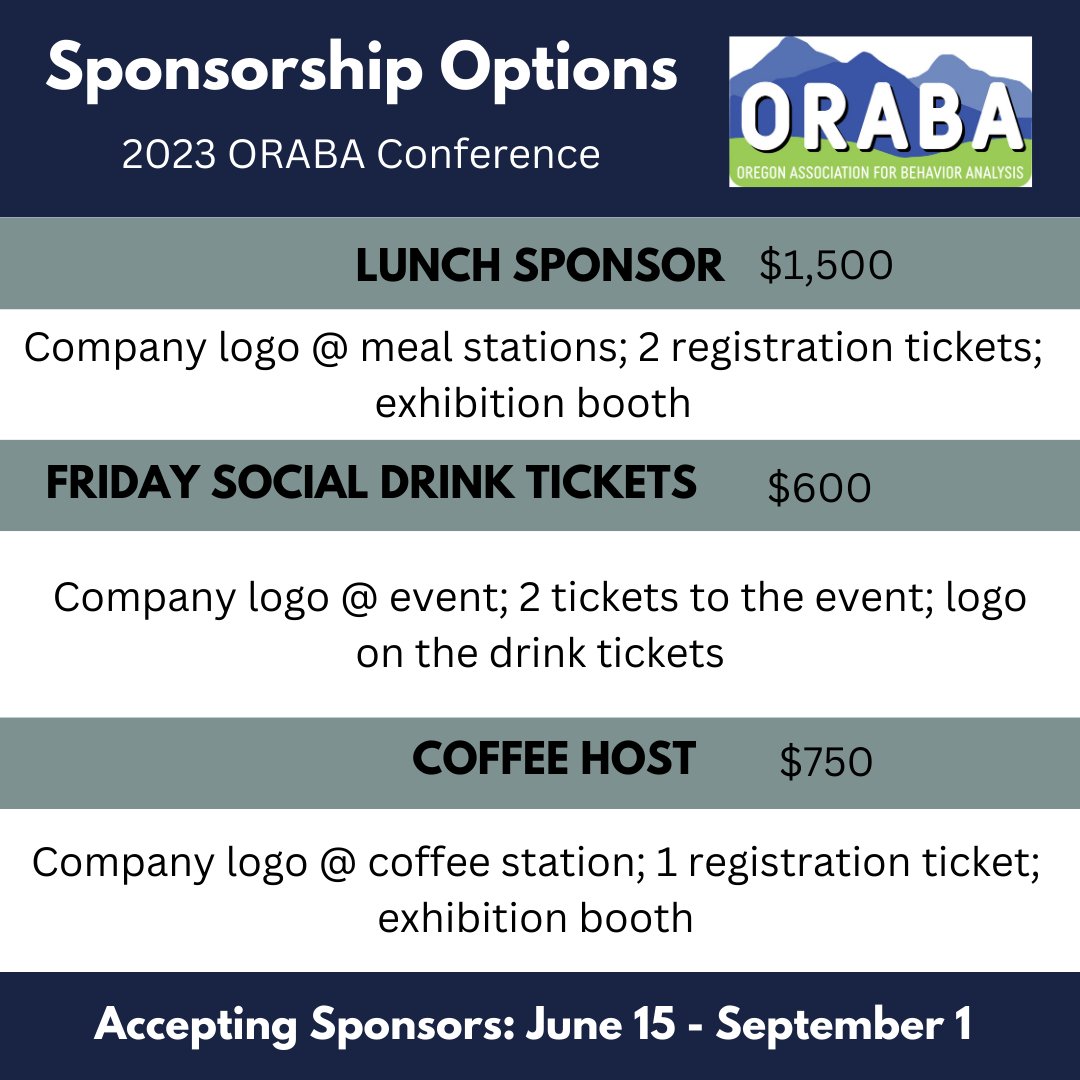 OregonABA's tweet photo. Receive special perks when you sign up for a sponsorship! Sponsorships allow us to offer more at our conference and give you access to perks such as registration tickets, tables, and advertised company logos. Link for more information in our bio! https://t.co/2IQKjpUfAF