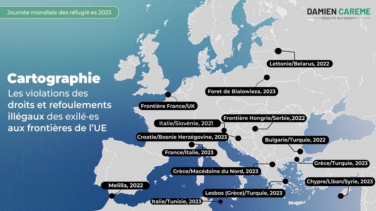 🔴 Suite au récent drame au large de la Grèce, et à l'occasion de la journée mondiale des réfugié·es cette semaine, découvrez une cartographie interactive des menaces au droit d'asile dans l'UE :

📌 JOUR 1 : LES REFOULEMENTS ILLÉGAUX
damiencareme.fr/a-chaud/444-ca…

#WorldRefugeeDay2023