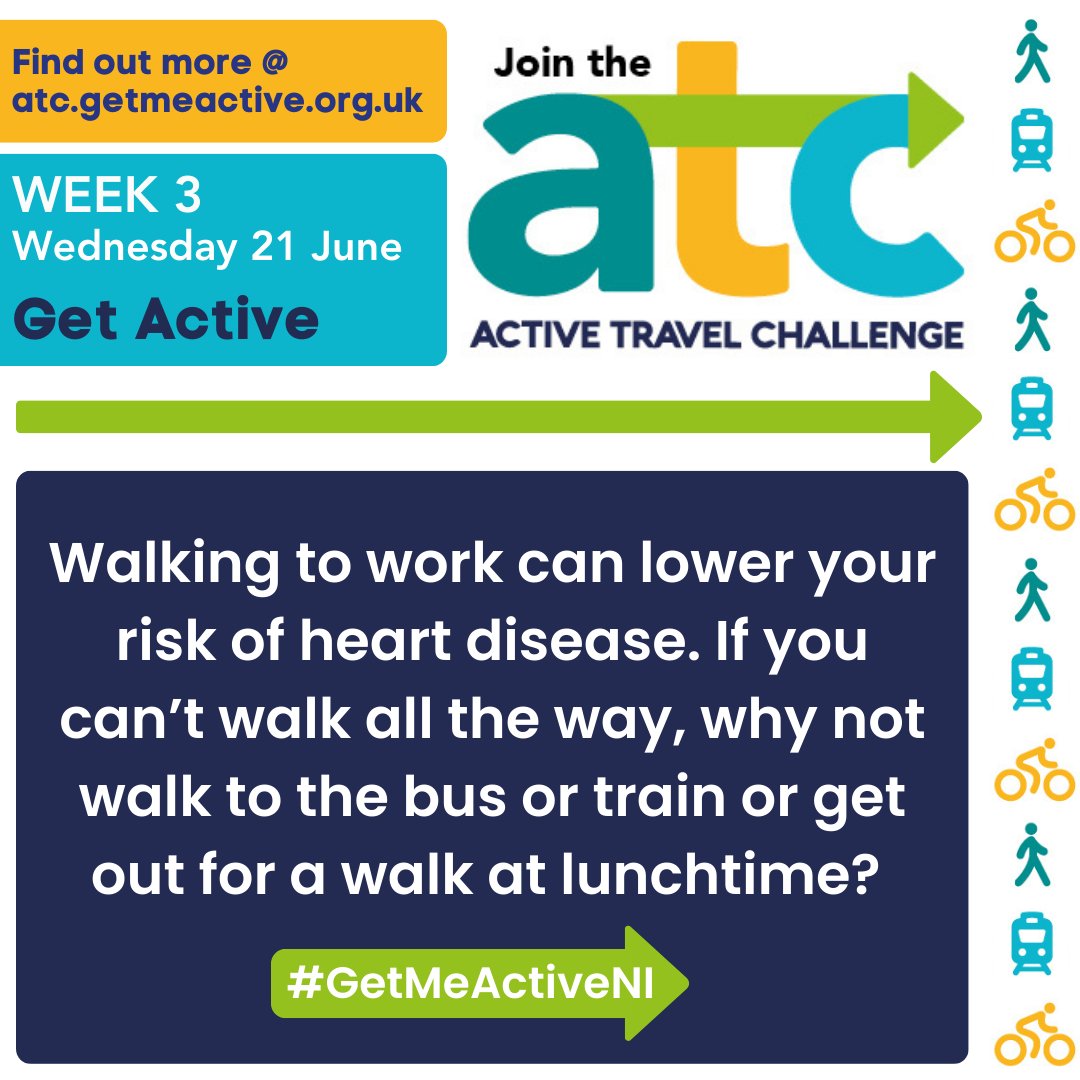 Walking to work can lower your risk of heart disease 🚶 

If you can’t walk all the way, why not walk to the bus or train or get out for a walk at lunchtime? 🚌🚆🚶

#GetMeActiveNI