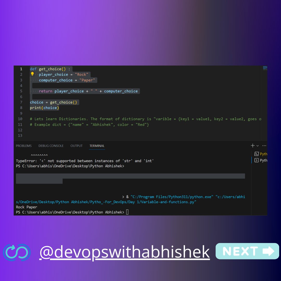 Sharing some #pythoncode practices. 
Learning for #DevOps 
@kunalstwt @Ishansharma7390 @ghumare64 @Singam4devops @AzureDevOps @scrumtuous 
#AWS #DevOps #DevOpsEngineer #CloudOps #CloudEngineer #SoftwareEngineering #DevOpsCulture