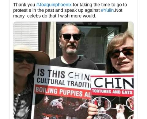 Thanks #Joaquinphoenix for speaking up against  #Yulin though U are not on social media, your influence still is heard,seen and felt
