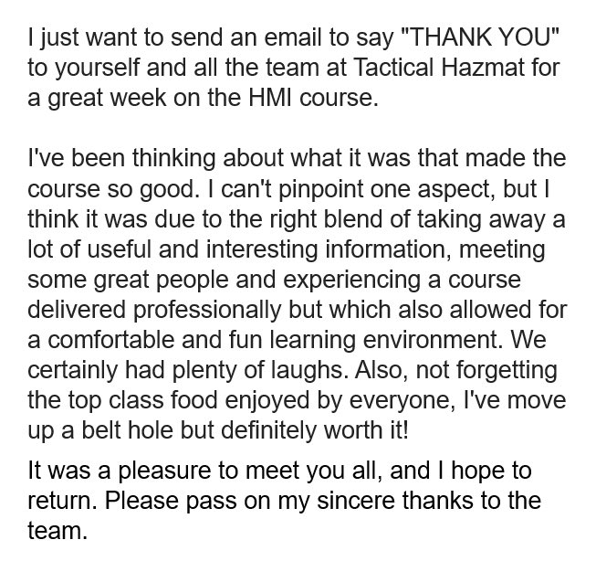 tacticalhazmat's tweet photo. Playfulness and professionalism aren’t mutually exclusive. We can develop important skills in a supportive fun environment. Here’s a lovely message from a Firefighter about our Hazmat Instructor Course. The next one is 29th January. We can’t wait! #TrainingHeroes #hazmat https://t.co/Z1zLyTaq5X