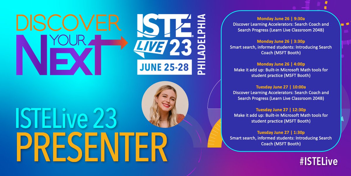 em_gray2's tweet image. T minus one week until #ISTELive23, and my presentation schedule is jam packed! 

Come see me at the Microsoft Booth Theatre and the Learn Live Classroom to learn about our #LearningAccelerators, #SearchCoach, #SearchProgress, #MathProgress and more!