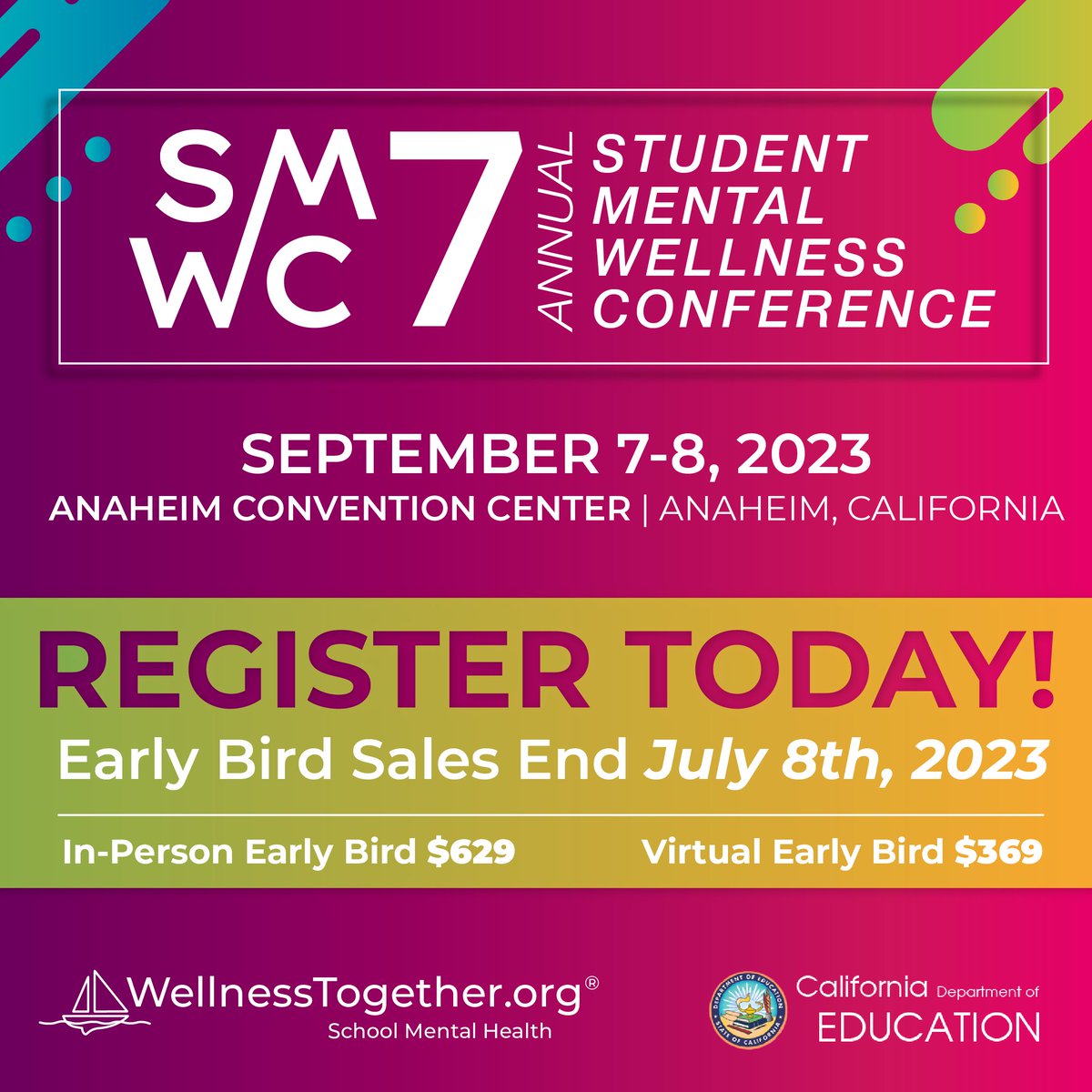 Early Bird Sales End July 8th, 2023!!

Secure your spot to #SMWC7 TODAY 🎉

#SMWC #SMWC7 #StudentMentalWellness #Conference #WellnessTogether