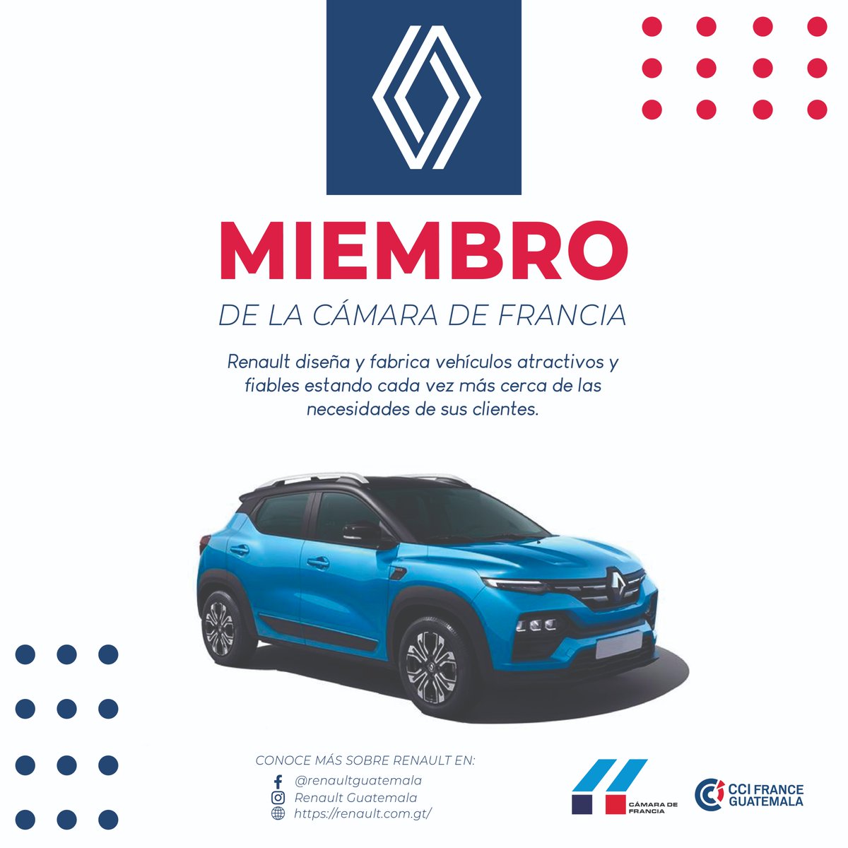 CCIFGT's tweet photo. Renault ya es uno de los miembros de la Cámara de Comercio de Francia que goza de los beneficios que ofrecemos a nuestros socios. 🇫🇷 🤝
Síguelo en sus redes o visita su página web para conocer más sobre esta maravillosa marca. 🚗
#Socios #marca #Guatemala #Renault #vehículos https://t.co/oemLSsvFvM