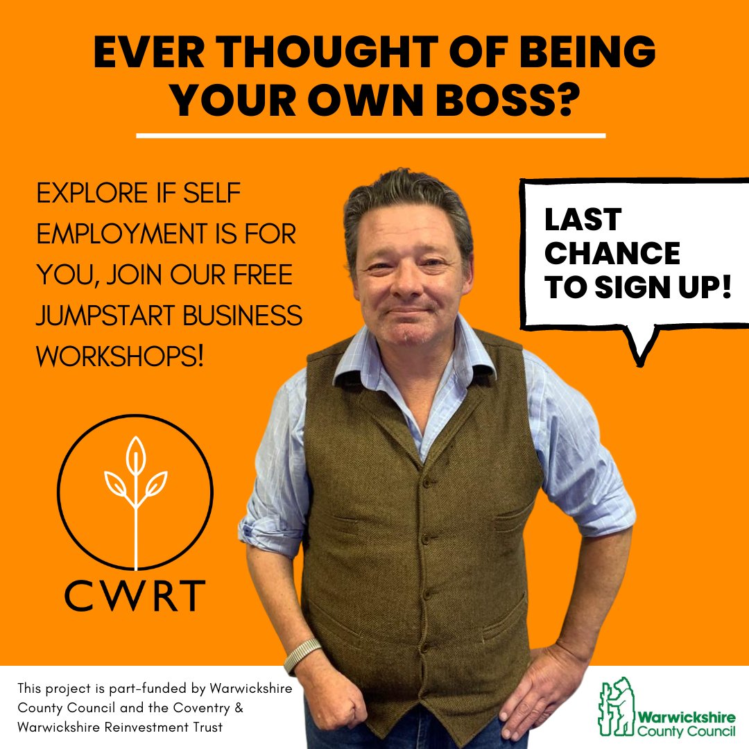 CWRTBizSupport's tweet image. Only 16 days left until FREE Jumpstart Business Support workshops!

If you are based in Warwickshire and would like to explore self-employment call our friendly team on 02476 551 777 

Only very few spaces left, don’t miss your chance!

@Warwickshire_CC