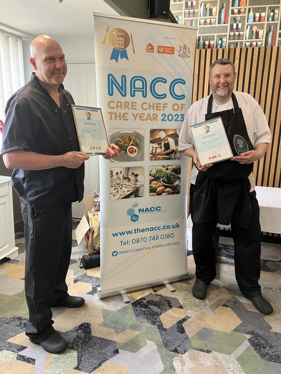 Two worthy finalists from ⁦<a href="/NACCCaterCare/">The NACC</a>⁩ Care Chef of the Year Midlands Regional Final. Congratulations to Alex Millichamp from ⁦Chandler Court ⁦<a href="/careuk/">Care UK</a>⁩ and Nigel Cooke from Cinnamon Care Birmingham. It’s been a strong competition today ⁦<a href="/nodutton/">Nick Dutton</a>⁩ #care