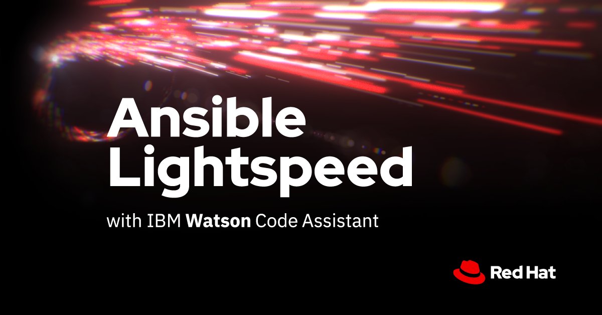 ansible's tweet photo. Interested in checking out the technology preview of Ansible Lightspeed? 

Learn more about how #Ansible and @IBM Watson Code Assistant are pioneering generative AI to create playbooks and sign up to be notified! https://t.co/AiduLOMcnE https://t.co/gcLMQLCZKB