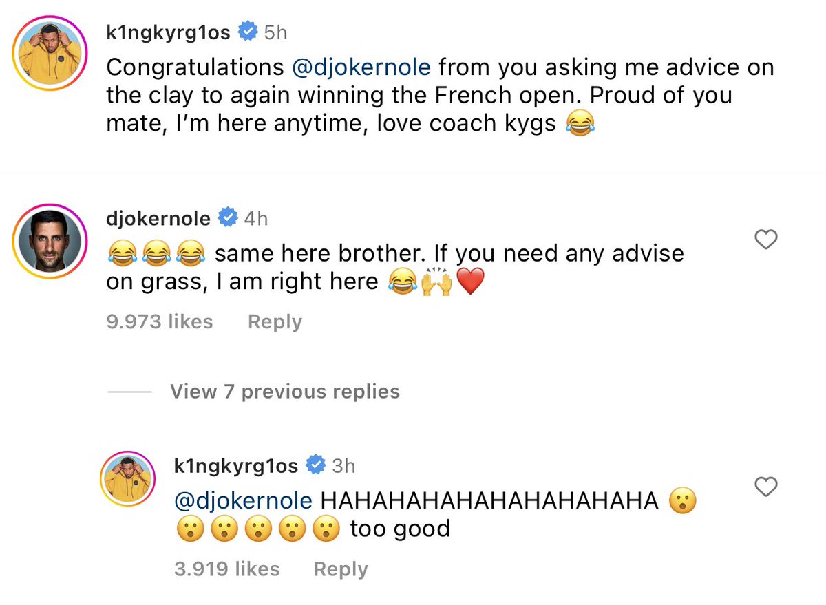 Lovely banter between Nick Kyrgios and Novak Djokovic on Instagram. 😂 #RolandGarros #Wimbledon