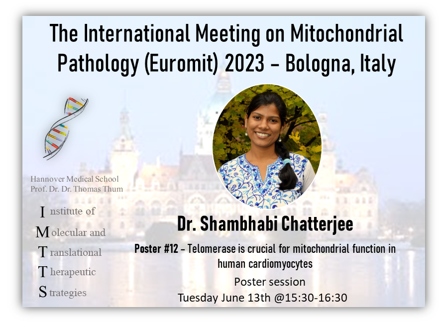 Thum Lab (@thum_lab) on Twitter photo Dr. Shambhabi Chatterjee is presenting her poster tomorrow in Bologna for #Euromit2023
She will be speaking about the importance of #telomerase for #mito function. Stop by her poster session at 15:30!
<a href="/Mito_Therapy/">Mitochondrial Medicine</a> <a href="/Euromit2023/">Euromit 2023</a> <a href="/ShambhabiC/">Shambhabi Chatterjee</a> <a href="/ThomasThum_TH2/">Thomas Thum</a> @MHH_life <a href="/Emit38935125/">E-mit</a> Dr. Shambhabi Chatterjee is presenting her poster tomorrow in Bologna for #Euromit2023
She will be speaking about the importance of #telomerase for #mito function. Stop by her poster session at 15:30!
<a href="/Mito_Therapy/">Mitochondrial Medicine</a> <a href="/Euromit2023/">Euromit 2023</a> <a href="/ShambhabiC/">Shambhabi Chatterjee</a> <a href="/ThomasThum_TH2/">Thomas Thum</a> @MHH_life <a href="/Emit38935125/">E-mit</a>