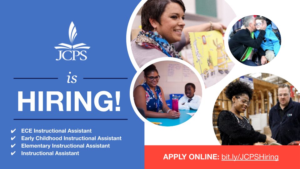 NOW HIRING: JCPS is Now Hiring for all Instructional Assistants! If you have a passion for working with children of all ages APPLY NOW! 
APPLY ONLINE: bit.ly/JCPSHiring