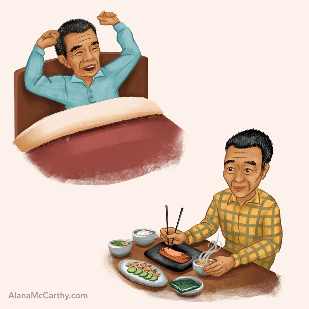 Waking up and having a traditional Japanese breakfast. From 'World's Coolest Grandpa' written by Lamar Golden.

#kidlit #childrensbook #publishing #illustration #illustrator #kidsbook #kidsbookart #kidsbooks #picturebook #kidsbookswelove #booksforkids #childrensillustration