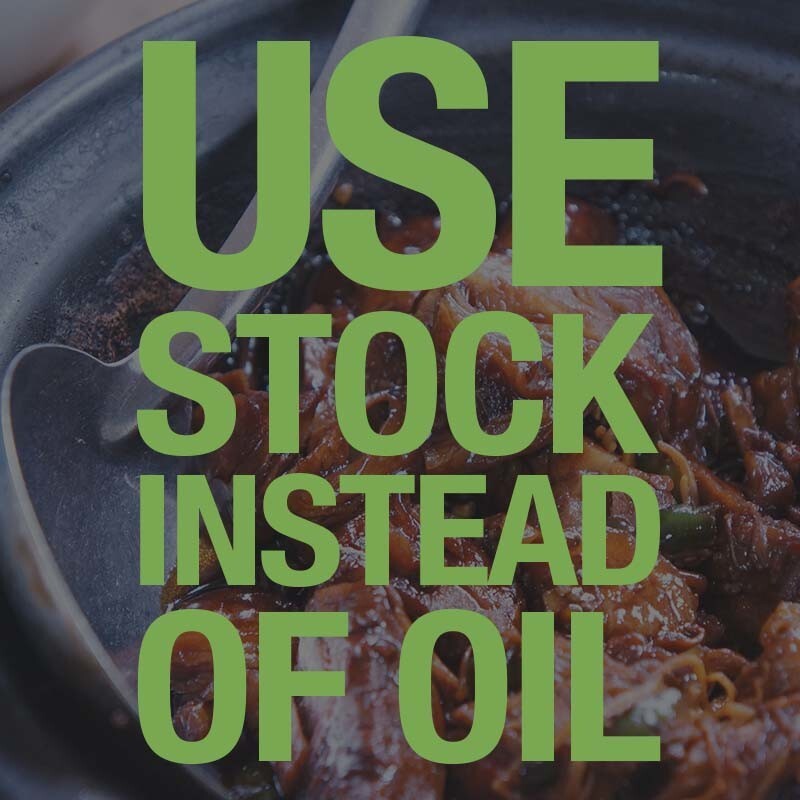 Cut calories when you saute meat or vegetables by using stock instead of oil. 
Use a non-stick pan and instead of adding oil, simply warm up a small amount of stock and add the food you want to cook. 
Is this something you do often when cooking?
#CookingHacks #FoodTips