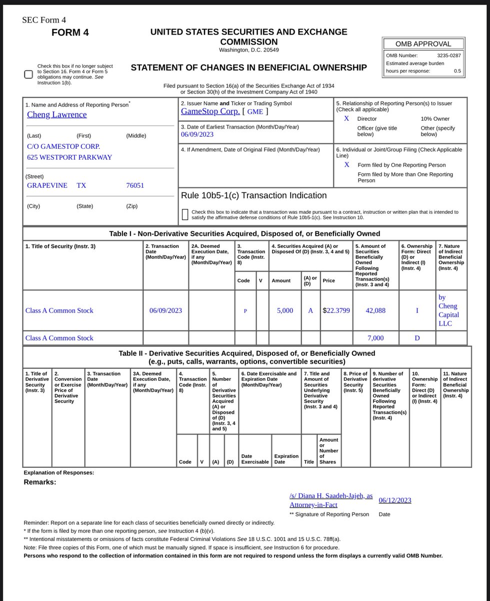 ShaunFitzzzy's tweet photo. Looks like Attal wasn’t the only board member buying on Friday.

Larry Cheng purchased an additional 5000k shares at an average of $22.37

This is the 2nd time this year that LC has made a purchase after earnings

He just likes the stock!

#GME https://t.co/QpdIzAr1I3