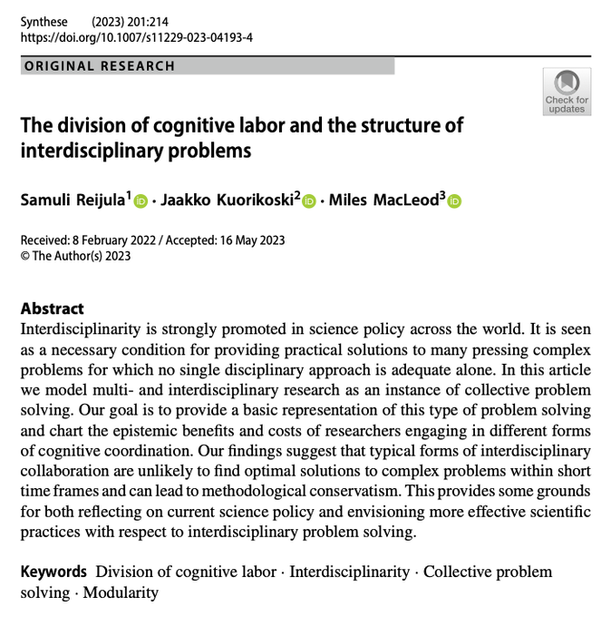 samulipo's tweet photo. Our interdisciplinary problem solving paper is now online: https://t.co/B7j2hMLOI7 @: Miles MacLeod, Jaakko Kuorikoski #interdisciplinarity #philosophy_of_science #science_policy #open_access (this time with the correct link!) https://t.co/fUIv9nHB4Y