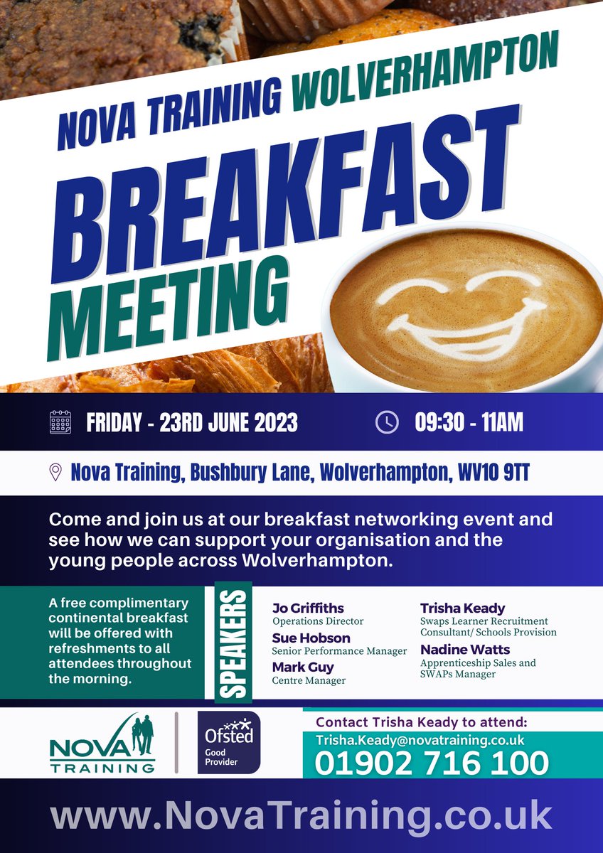 novatraining's tweet image. Nova Training #Bushbury (#Wolverhampton) Breakfast Meeting Friday - 23rd June 2023

Calling all #Keyworkers, #Schools, #Stakeholders and #Partners from around the Bushbury area!

To attend, please email: trisha.keady@novatraining.co.uk

#standoutfromtheCROWD #Apprenticeships