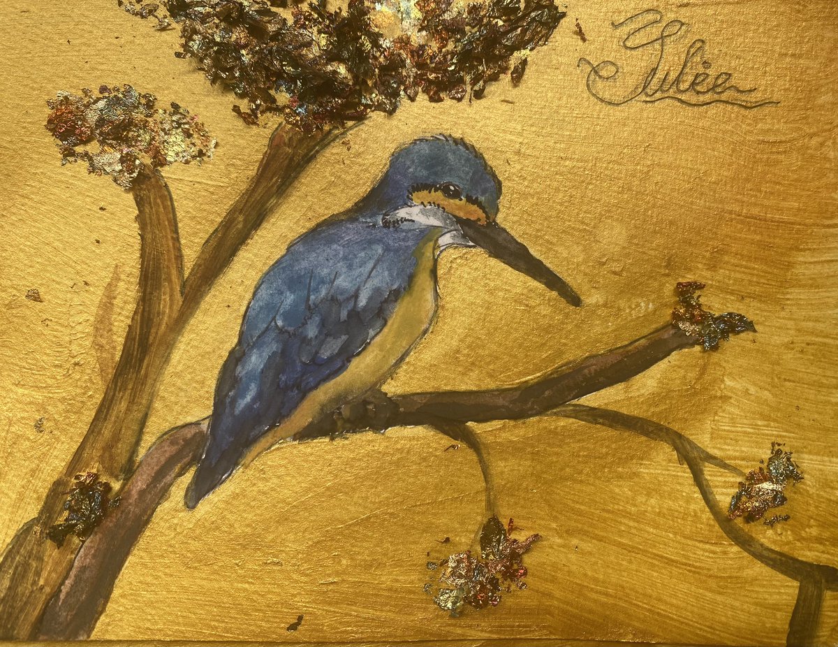 Success! So proud of our wonderful Year Sixes. Gold acrylic background, watercolour kingfisher with pen and gold flake accents. @greenfieldsps