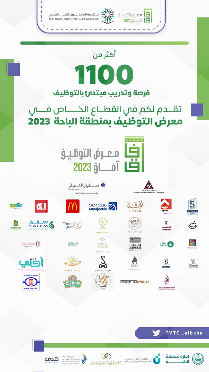 أكثر من ١١٠٠ فرصة وتدريب منتهي بالتوظيف يقدمها القطاع الخاص في معرض آفاق ٢٠٢٣ المصاحب لحفل الخريجين الموحد للمنشآت التدريبية بمنطقة #الباحة 

#تقني_الباحة 
#التدريب_التقني