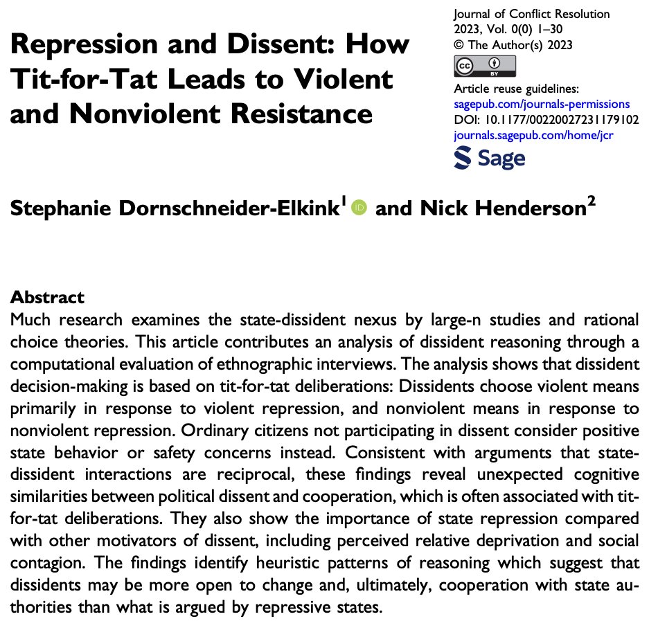 dornschneider's tweet photo. Tit-for-tat in repression and dissent:

Violent repression motivates violent dissent, nonviolent repression inspires nonviolent dissent.

New evidence on dissident reasoning in the Journal of Conflict Resolution:

https://t.co/OEko5KfOjV

@PeaceScienceSoc @PVGlance @ucdpolitics https://t.co/Q242o5XM89