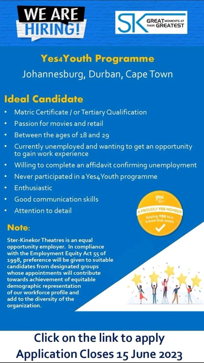 Ster-Kinekor is launching a Yes4Youth programme. Applications can be submitted on the careers page using the below link. (Please note candidates must be unemployed)

Apply now
sterkinekor.simplify.hr/vacancy/m44ofu
