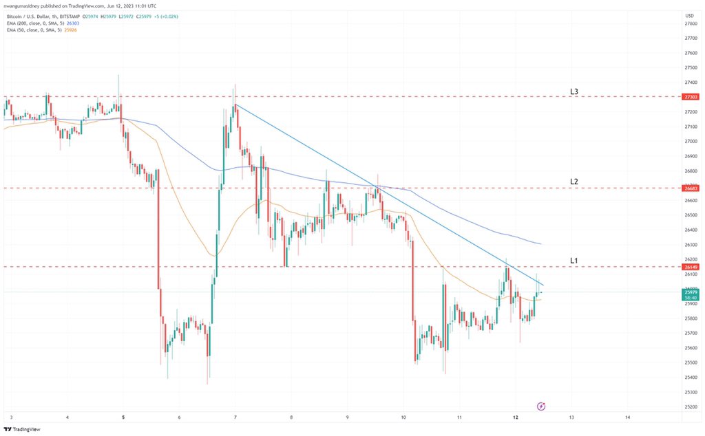 HoistForex's tweet photo. #BTCUSD which has been on a progressive downtrend since last week could be set for a bullish turn as price seems hesitant on breaking the $25,500 mark, thus BTC could be set for more upward move using the dotted lines as key resistant zones. https://t.co/rylrHo5R3g