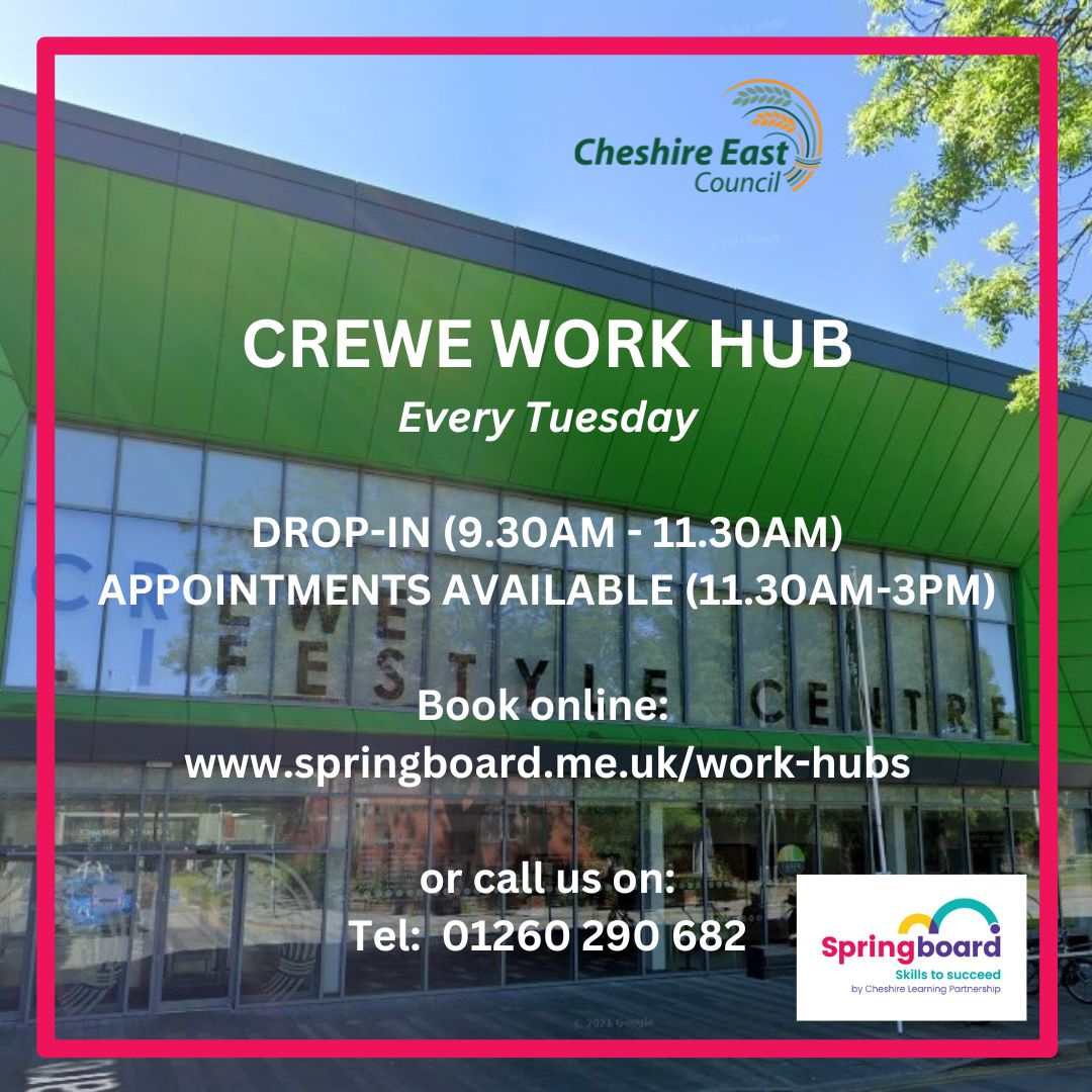 TOMORROW … Every Tuesday, Crewe Library ...FREE sessions
Employment &amp; Career Advice:  freely available to all CE residents aged 19+ regardless of employment or income status.  
Register here for fully funded qualifications 
Tel:  01260 290 682   springboard.me.uk