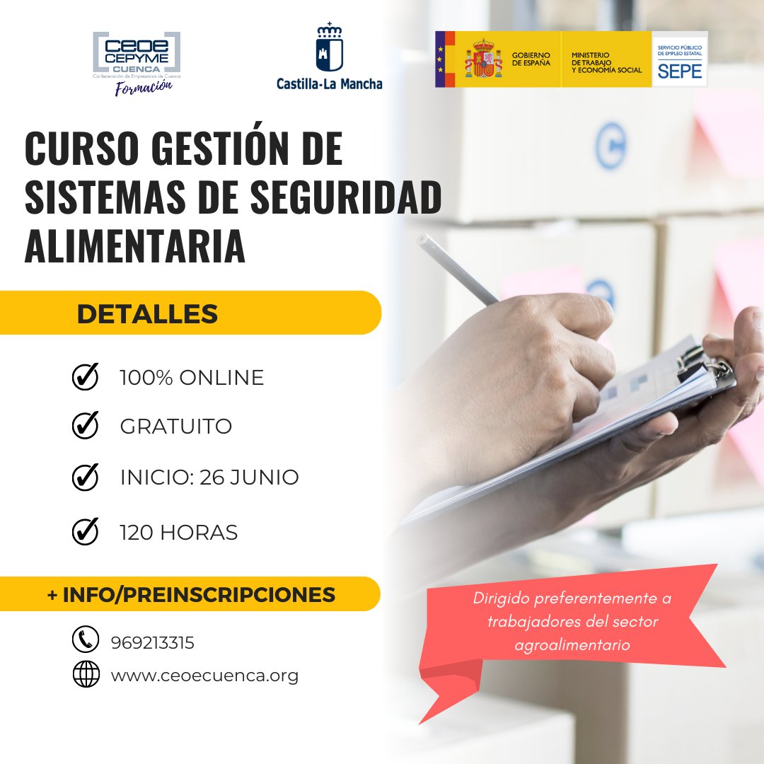 Apúntate ya al curso online de ✅ 𝐆𝐄𝐒𝐓𝐈Ó𝐍 𝐃𝐄 𝐒𝐈𝐒𝐓𝐄𝐌𝐀𝐒 𝐃𝐄 𝐒𝐄𝐆𝐔𝐑𝐈𝐃𝐀𝐃 𝐀𝐋𝐈𝐌𝐄𝐍𝐓𝐀𝐑𝐈𝐀. Llámanos al 969213315 o hazlo online aquí: acortar.link/URzrNn