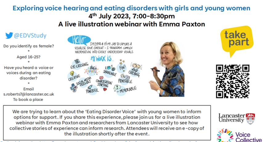 Join <a href="/VoiceCollective/">Voice Collective</a> &amp; <a href="/imagistical/">Emma Paxton</a> for an online webinar to share a story or advice about #hearingvoices alongside an eating disorder. What change would you like to see for support?
➡️Email s.roberts7@lancaster.ac.uk
➡️Further information: lancaster.ac.uk/health-and-med…  <a href="/HVN_England/">HVN England</a>