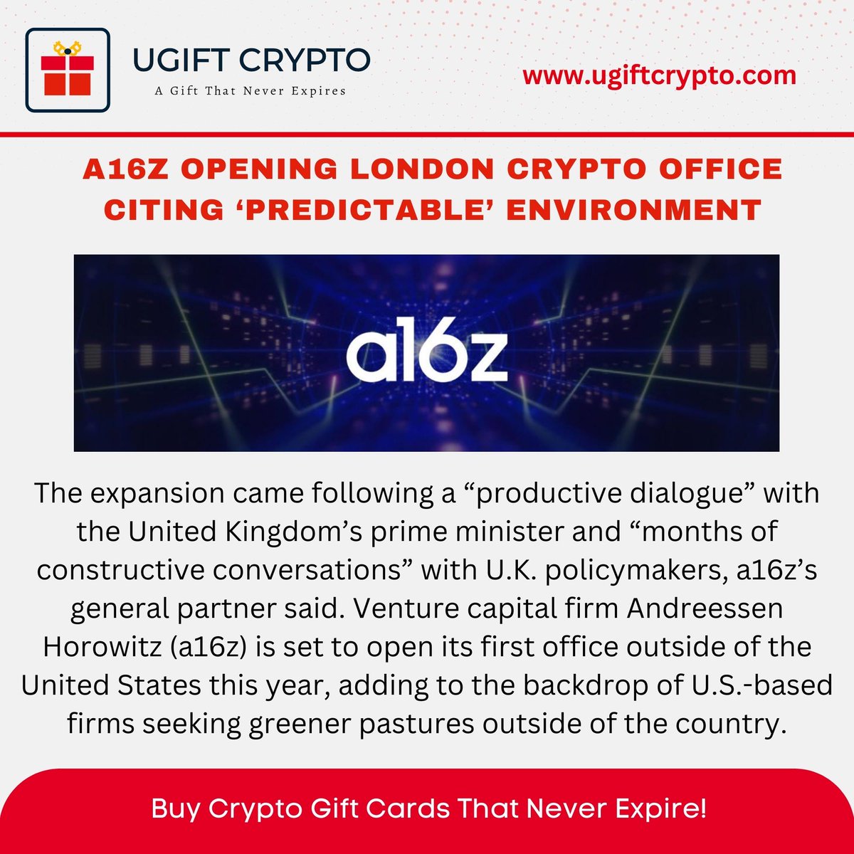 giftcryptotoken's tweet photo. a16z opening London crypto office citing ‘predictable’ environment.
Buy Crypto Gift Cards That Never Expire!
#a16z #kpcb #sequoia #accel #greylock #benchmark #trueventures #googleventures #firstround #polaris #loml #tinder #meetup #inorout #va #city #winter #nova #espa #dc https://t.co/rQ9bqS7wgl
