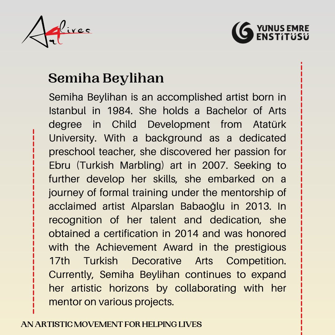 art4lives's tweet photo. Here is the biography of the artist @semihabeylihan who generously donated her captivating paper marbling arts for our  auction in support of earthquake relief: https://t.co/fyQ4N17puI