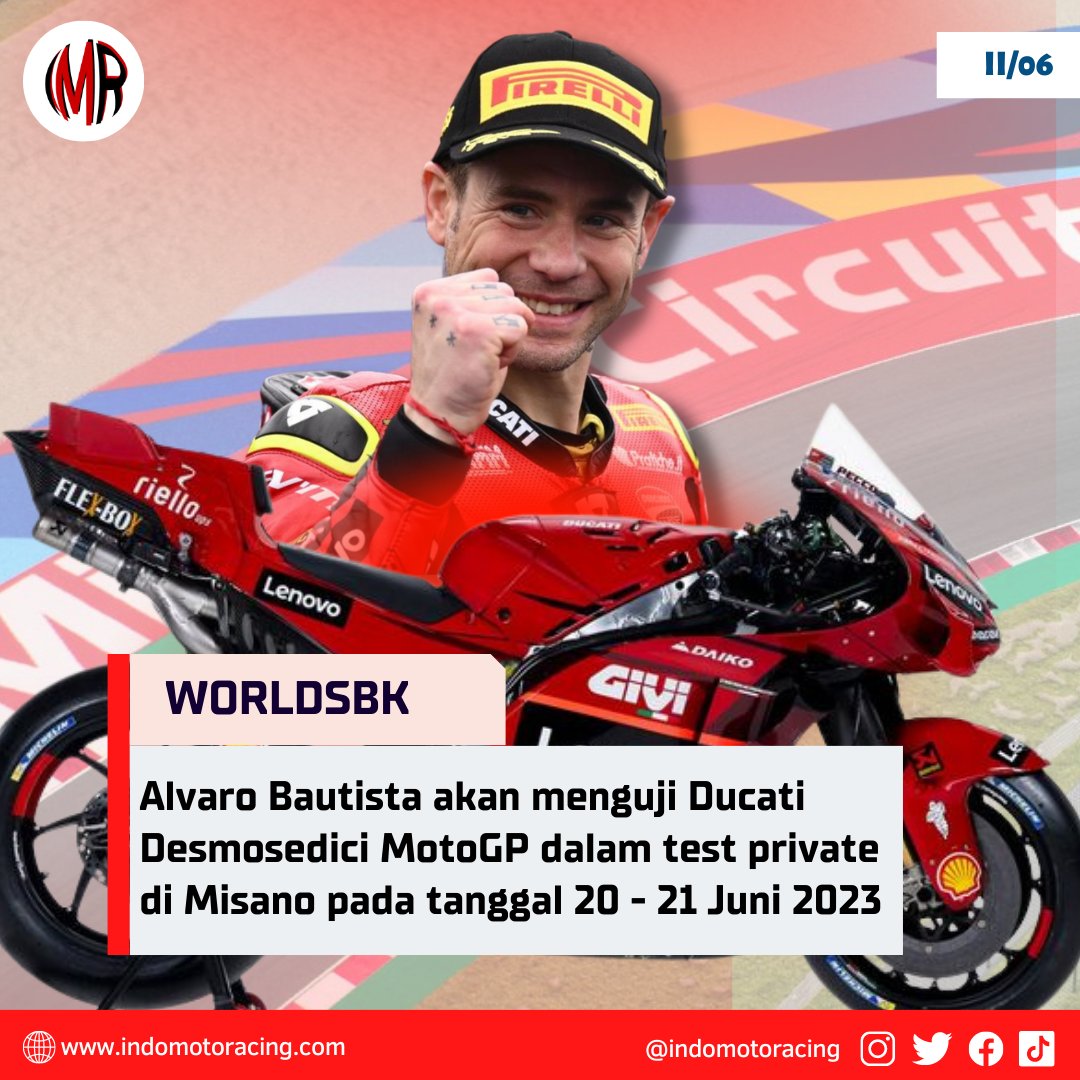Alvaro Bautista akan menguji Ducati Desmosedici MotoGP dalam test private di Misano Circuit pada tanggal 20 - 21 Juni 2023

#Indomotoracing #WorldSBK #Ducati #ducatimotogp #AlvaroBautista