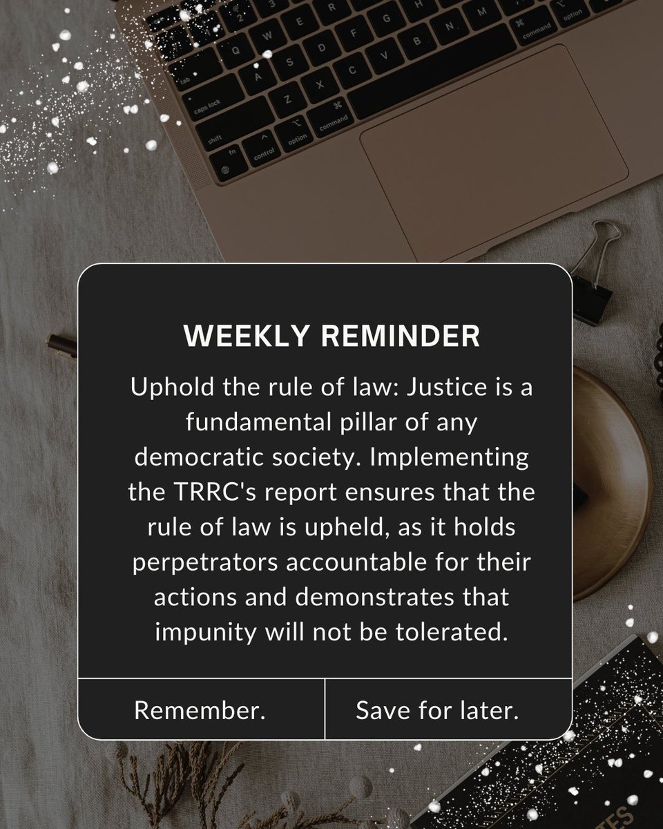 YelefInitiative's tweet photo. 🔔 Weekly reminders : Upholding the rule of law is vital in any democratic society. Implementing the TRRC's report ensures accountability for perpetrators and sends a clear message that impunity won't be tolerated . Let’s remember why it matters . #govwhitepaper #trrcreport https://t.co/jvJz9oBQgZ