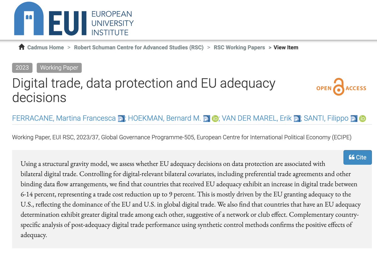 Martina Ferracane (@martina__f) on Twitter photo Do EU data adequacy decisions matter for trade?
We answer this question in our latest working paper with <a href="/ErikvanderMarel/">Erik van der Marel</a>, <a href="/filippo_ognis/">Filippo Santi</a>, and <a href="/BernardHoekman/">Bernard Hoekman</a>: cadmus.eui.eu/handle/1814/75…
Comments are most welcome!
<a href="/EUI_EU/">European University Institute</a> <a href="/EUI_GlobGovProg/">GlobalGovernanceProg</a> <a href="/EUI_Schuman/">The Robert Schuman Centre</a> @EUI_TechCluster <a href="/ECIPE/">ECIPE</a> Do EU data adequacy decisions matter for trade?
We answer this question in our latest working paper with <a href="/ErikvanderMarel/">Erik van der Marel</a>, <a href="/filippo_ognis/">Filippo Santi</a>, and <a href="/BernardHoekman/">Bernard Hoekman</a>: cadmus.eui.eu/handle/1814/75…
Comments are most welcome!
<a href="/EUI_EU/">European University Institute</a> <a href="/EUI_GlobGovProg/">GlobalGovernanceProg</a> <a href="/EUI_Schuman/">The Robert Schuman Centre</a> @EUI_TechCluster <a href="/ECIPE/">ECIPE</a>