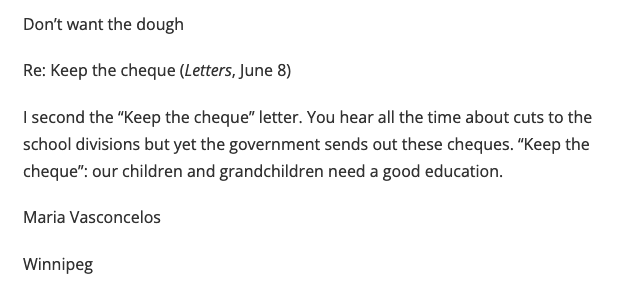 PublicEdMB's tweet photo. Another two letters to the editor that are spot on about the need to rethink the education rebate cheque. https://t.co/Q5J6ma9LMe