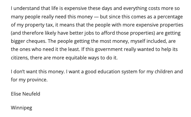 PublicEdMB's tweet photo. Another two letters to the editor that are spot on about the need to rethink the education rebate cheque. https://t.co/Q5J6ma9LMe