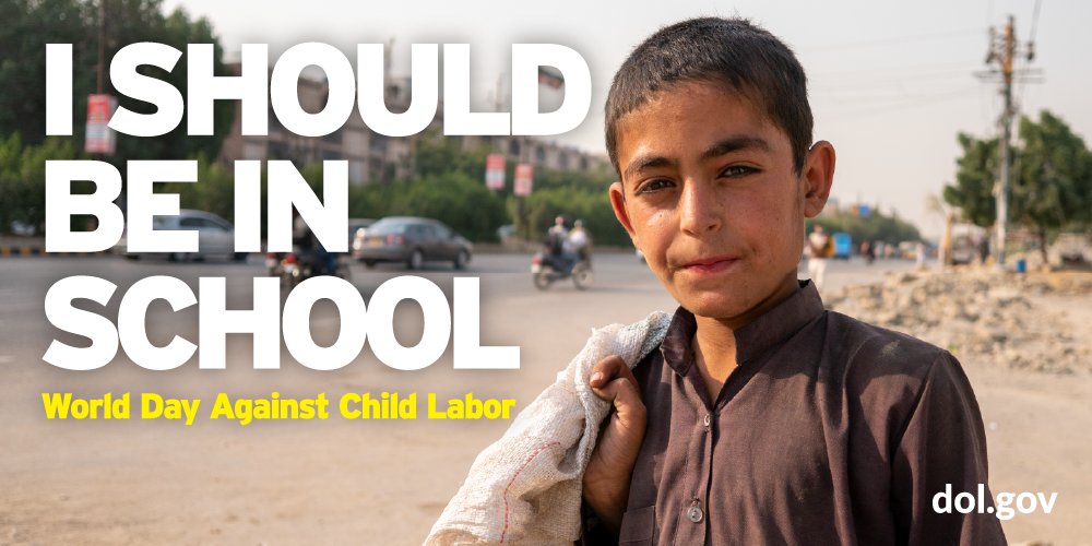 USDOL's tweet photo. Today is World Day Against Child Labor. An estimated 160M children toil in child labor, harvesting cocoa for chocolate, mining cobalt for cell phone batteries and much more. Learn about our work to #EndChildLabor and how you can get involved: https://t.co/qnHr6HGwPI https://t.co/vkZNUymGZM