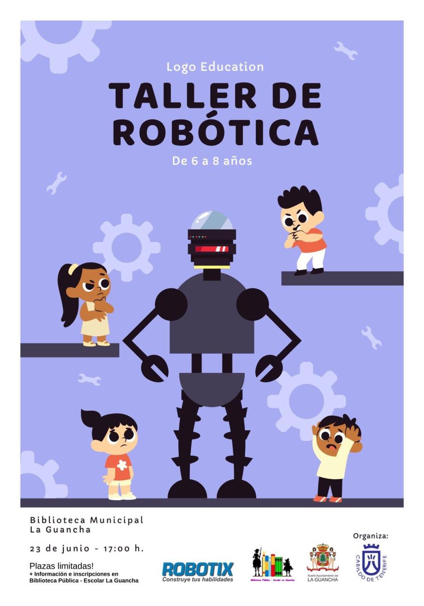 Abiertas las #inscripciones gratuitas para participar en #ROBOTIX, #tallerderobótica en la Biblioteca de #LaGuancha | Escolares de 6-8 años.

🗓️ viernes 23 de junio 
⏰ 17.00 a 19.00 h. 
☎️ 922828002 (EXT - 415)
📧biblioguancha@gmail.com

<a href="/CabildoTenerife/">Cabildo de Tenerife</a> <a href="/SoyRobotiX/">RobotiX</a>
