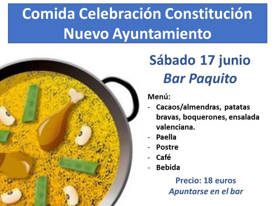 PPAlborache's tweet photo. El sábado día 17 de junio a las 11:00 se constituirá el Nuevo Ayuntamiento en Alborache y Jesús será oficialmente nuestro nuevo alcalde. 🥳

Para celebrarlo, hemos organizado una comida en el Bar Paquito para todos aquellos que quieran acompañarnos en este día tan importante. 🥘 https://t.co/YDBCIdno8k