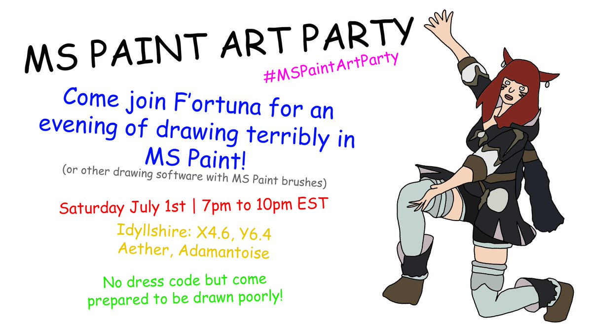 FortunaFavore's tweet photo. Come join me for an evening of fun, friendship and terrible MS Paint artwork! Announcing MS Paint Art Party on July 1st! Let's make something awful together 🎨🖌️

#MSPaintArtParty #AetherArtParty https://t.co/EZUJS3fQAF