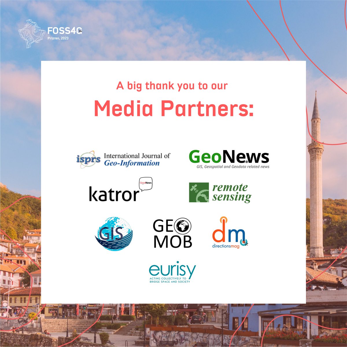 Shoutout to our media partners: <a href="/ISPRS_IJGI/">ISPRS IJGI</a>, <a href="/GeoNe_ws/">GeoNe.ws</a>, <a href="/katror_info/">Katror</a>, <a href="/RemoteSens_MDPI/">Remote Sensing MDPI</a>, GIS World, <a href="/geomob/">geomob</a>, <a href="/directionsmag/">Directions Magazine</a>, and <a href="/Eurisy1/">🛰 Eurisy</a>!🌍

Your commitment to promoting geospatial tech has helped spread the word about #FOSS4G💪

Thank you for your contribution!🌐