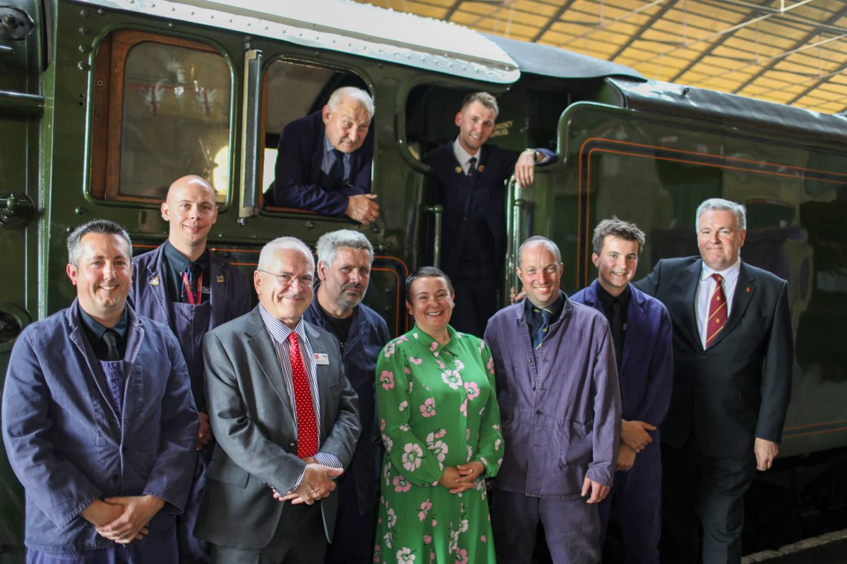 The crew of Flying Scotsman alongside representatives of National Railway Museum, Network Rail, DB Cargo at Pickering station.