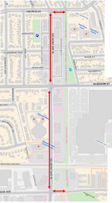 CityKitchener's tweet photo. TRAIL CLOSURE: A portion of Iron Horse Trail is closed starting TODAY (June 12) for a week. Construction includes raising the crosswalk at Glasgow. Detour signage will divert trail users to Belmont for the affected segment of the trail.
See map for details ⬇️
#KitchenerTrails https://t.co/Fe8MM5R6uV