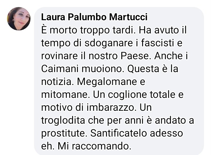 Non so chi sia  questa persona.
Ha cancellato il profilo e si è rintanata nella fogna probabilmente.
Un tw SQUALLIDO E VERGOGNOSO.
Mi auguro che la #famigliaberlusconi la porti in tribunale! 
Il RISPETTO È LA BASE DELLA DEMOCRAZIA!
#vergogna 
#orrore 
#noncelimitealpeggio