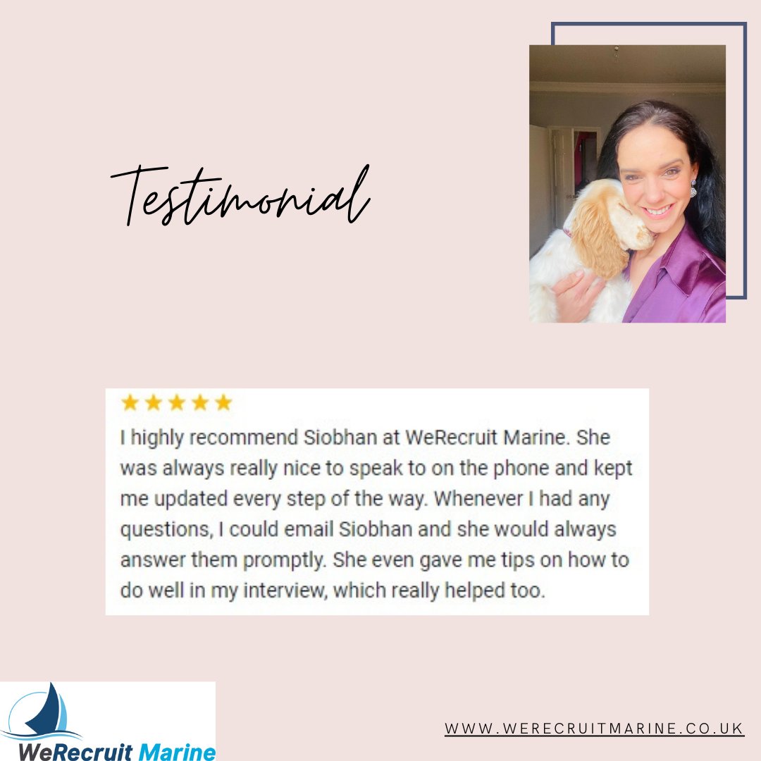 WeRecruitMarine's tweet photo. It's all ⭐⭐⭐⭐⭐ reviews for Recruiter Siobhan who goes above and beyond to assist her candidates!

Contact Siobhan on 01603 550041 or siobhan@werecruitmarine.co.uk to find your next role in the marine sector!

#testimonials #happycustomers https://t.co/tqIhzR4BYa