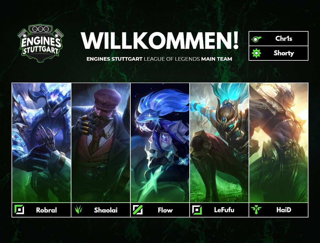 Es ist soweit🔥 Wir dürfen euch unser #LoL Main Team Roster vorstellen, das uns diesen Split in der Div 4 der <a href="/PrimeLeague/">Die Techniker Prime League</a> vertreten wird💪
Herzlich Willkommen💚

⬆️<a href="/RobinL90899562/">RobinL</a>
 
🔃<a href="/Shaolailol/">Luca</a>

➡️<a href="/FlowLoL3/">Flow</a>

⬇️<a href="/LeFufulol/">Fufu</a>

⚕️<a href="/HaiDLoL/">Luca 'HaiD' Facklam</a>

👨‍🏫Chr1s

👨‍💼<a href="/philipp_zechner/">Philipp</a>

#Vollgas da!