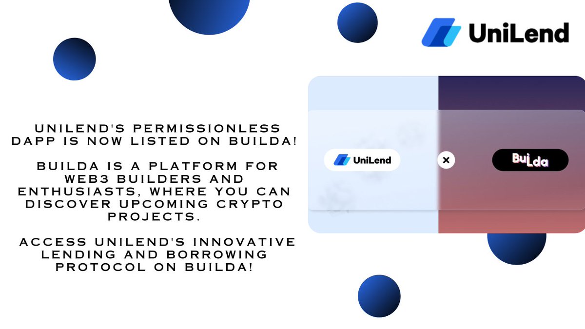 BhargaviKothari's tweet photo. UniLend's Permissionless Dapp is now listed on Builda!
🛠️#Builda is a platform for Web3 Builders and Enthusiasts, where you can discover upcoming crypto projects.
⚡️Access #UniLend's innovative lending and borrowing protocol on Builda
Discover more: https://t.co/RlqOfxVNe0 https://t.co/xK7jJ80iyP