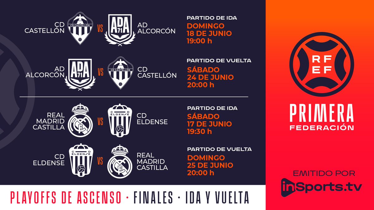 Primera_RFEF's tweet photo. 🚨 𝗛𝗢𝗥𝗔𝗥𝗜𝗢𝗦 

𝗙𝗜𝗡𝗔𝗟𝗘𝗦 𝗣𝗟𝗔𝗬𝗢𝗙𝗙𝗦 𝗗𝗘 𝗔𝗦𝗖𝗘𝗡𝗦𝗢 

⚽ @cdcastellon 
⚽ @AD_Alcorcon 
⚽ @lafabricacrm
⚽ @CD_Eldense 

#PrimeraFederación https://t.co/77gpO4N9be